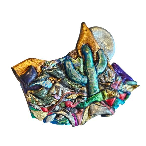 Desert Brooch Cactus Sun Mountain 2.3" Multicolor Pin Handmade Resin Metallic - Picture 6 of 9